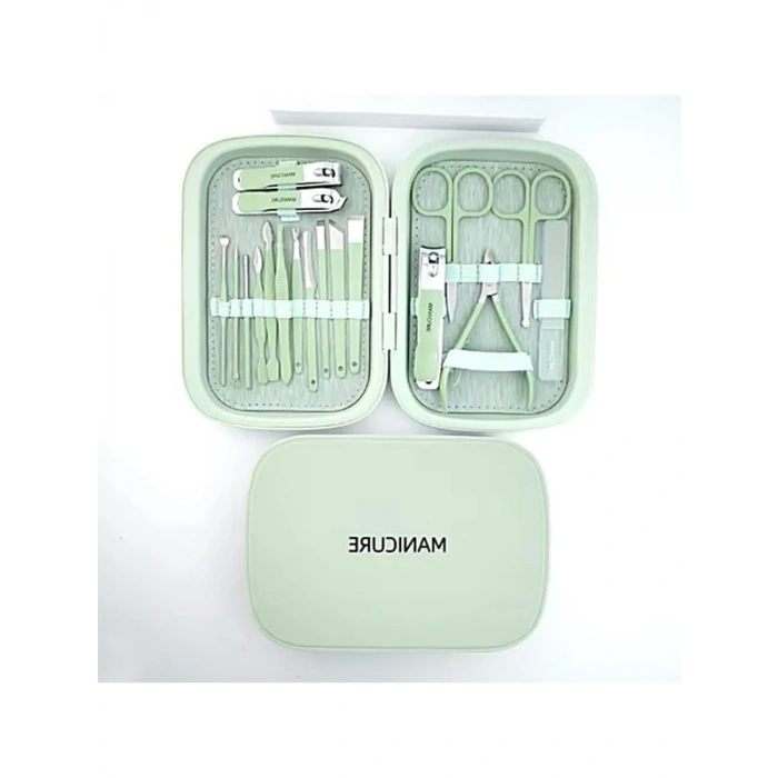 18 parça özel kutudaki paslanmaz çelik manikür seti, su yeşili