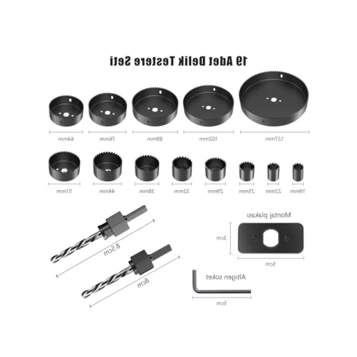 19 Parça Delik Testere Seti - 13 Testere Bıçağı ile