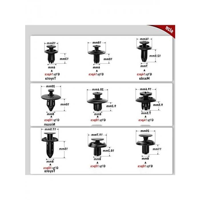190 Adet Araba Tutucu Klips Seti - 18 Farklı Boy, Dayanıklı