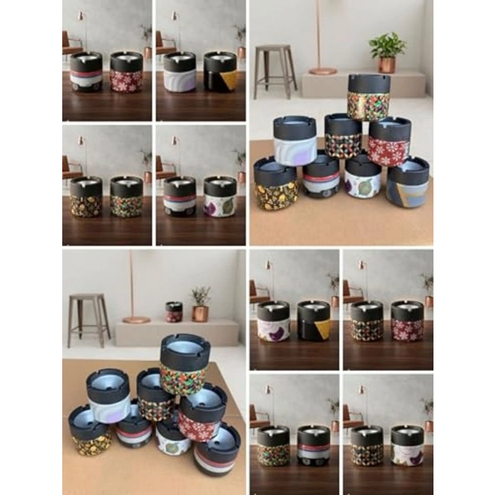 2 Adet Kapağı Metal Küllük, Karışık Desenli Araç İçi Kullanım için