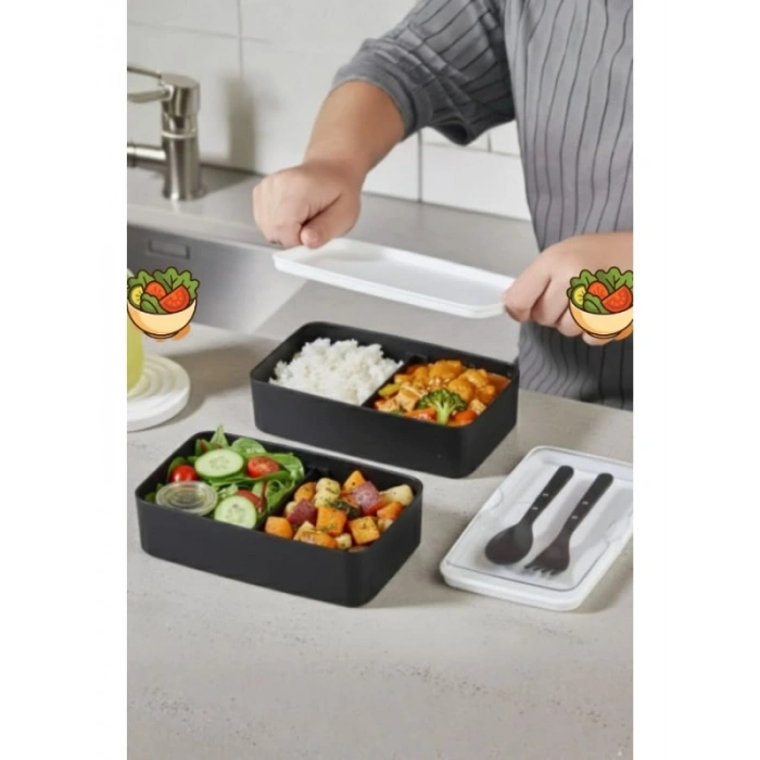 2 Katlı Bölmeli Yemek Saklama Kabı - Siyah