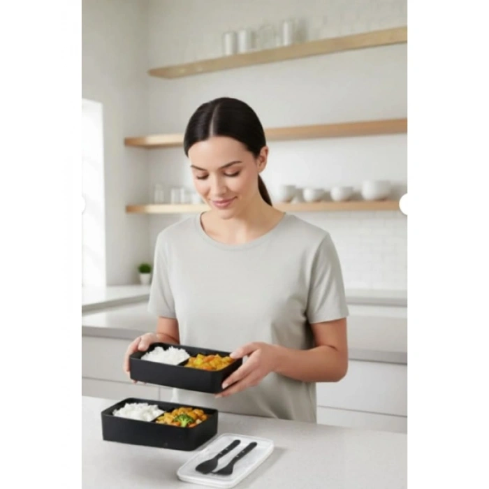 2 Katlı Bölmeli Yemek Saklama Kabı - Siyah