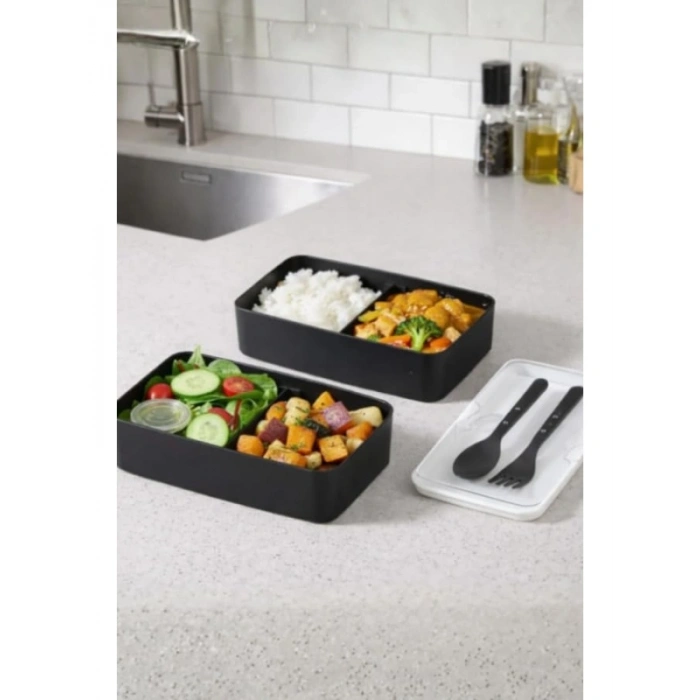 2 Katlı Bölmeli Yemek Saklama Kabı - Siyah