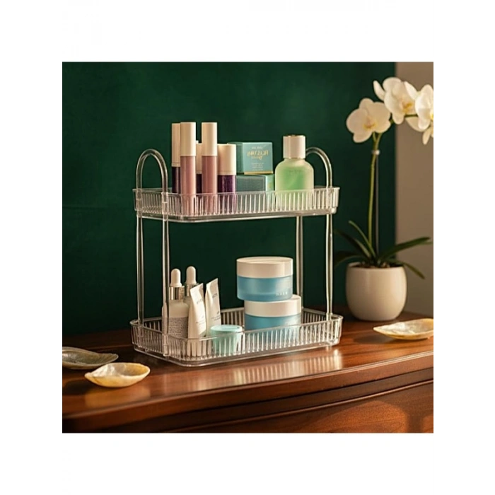 2 Katlı Şeffaf Makyaj Organizeri, Kozmetik Aksesuar Düzenleyici