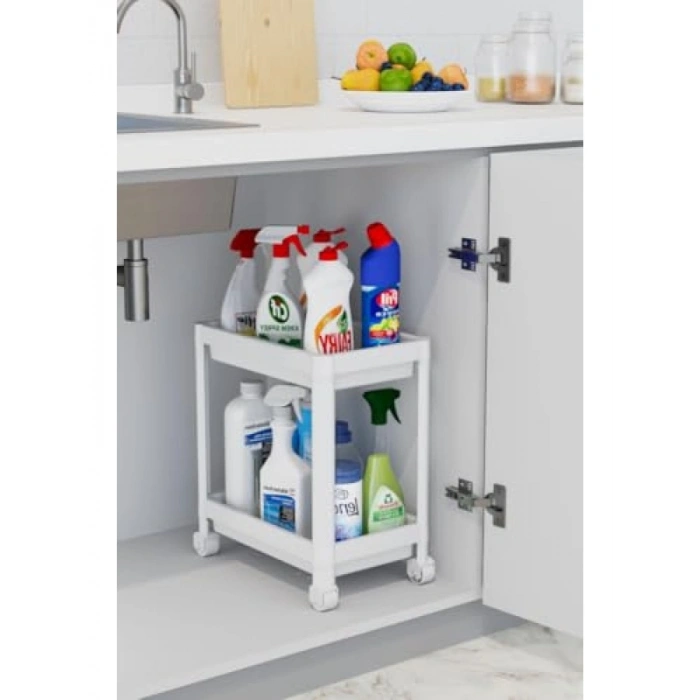 2 Katlı Tekerlekli Beyaz Banyo Mutfak Rafı