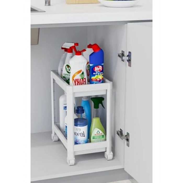 2 Katlı Tekerlekli Düzenleyici Raf, Mutfak ve Banyo için Pratik Organizer