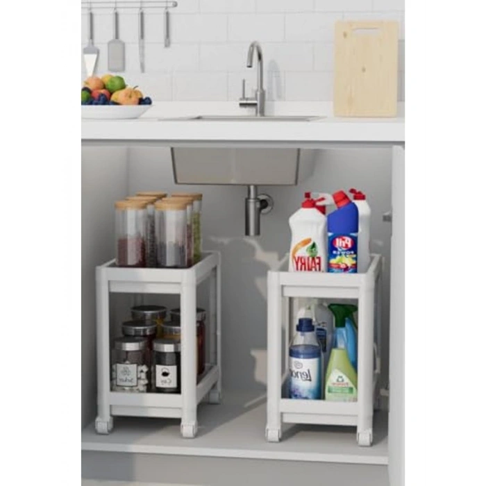 2 Katlı Tekerlekli Tezgah Altı Raf, Beyaz Renk, Mutfak ve Banyo İçin