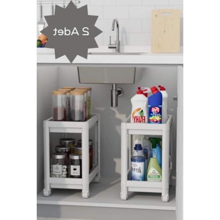 2 Katlı Tekerlekli Tezgah Altı Raf, Beyaz Renk, Mutfak ve Banyo İçin