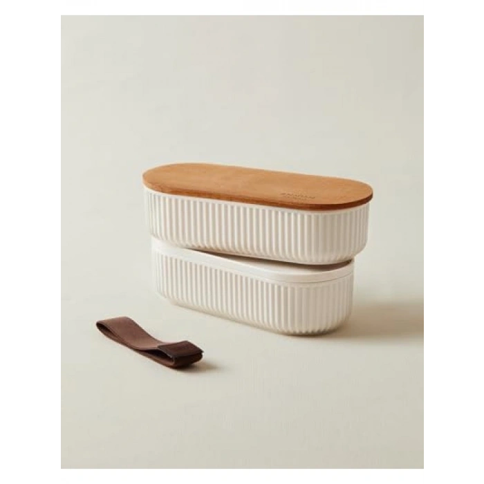 2li Ahşap Kapaklı Saklama Kabı, 500 ml | Şık Soft Ekru Renk