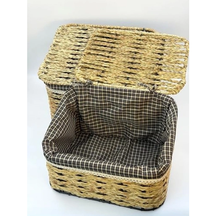 2li Kapaklı Hasır Sepet Seti - Doğal Görünüm
