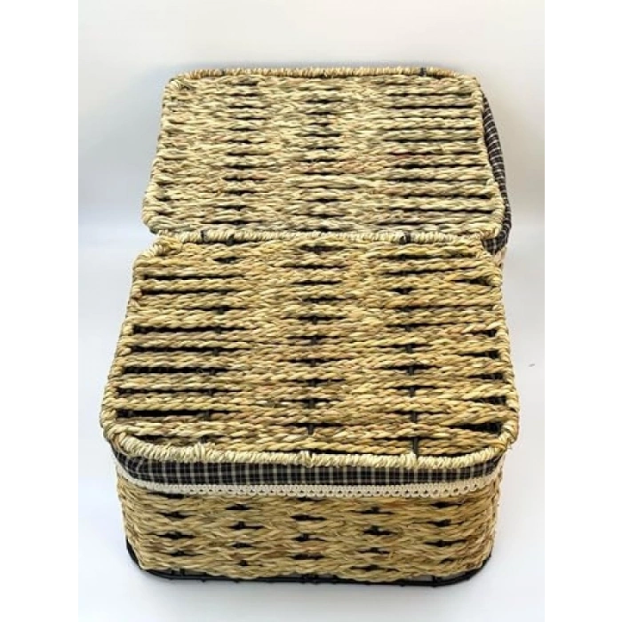 2li Kapaklı Hasır Sepet Seti - Doğal Görünüm