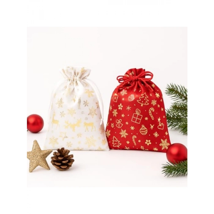 2li Kırmızı ve Beyaz Yılbaşı Hediye Kesesi