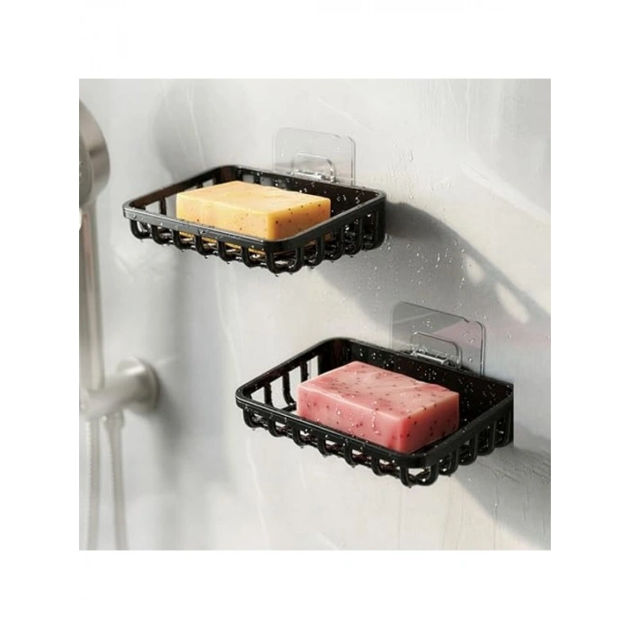 2li Set Yapışkanlı Siyah Banyo Sabunluk, Katı Sabun Tutacağı ve Süngerlik