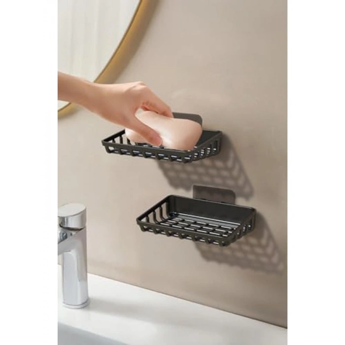 2li Set Yapışkanlı Siyah Banyo Sabunluk, Katı Sabun Tutacağı ve Süngerlik