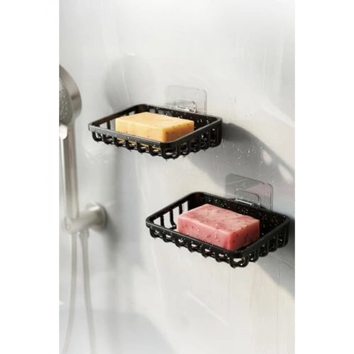 2li Set Yapışkanlı Siyah Banyo Sabunluk, Katı Sabun Tutacağı ve Süngerlik