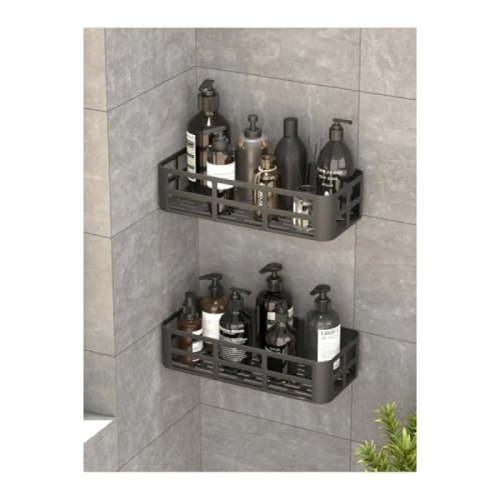 2li Yapışkanlı Banyo Rafı Seti - Antrasit Renk