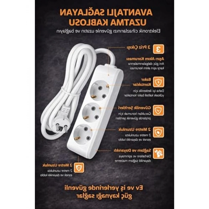2 Metre Kablolu 3’lü Güvenli Priz - Dayanıklı Tasarım ile