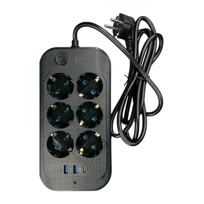 2 Metre Kablosu Olan 6lı Grup Priz, USB ve Type-C Girişleri