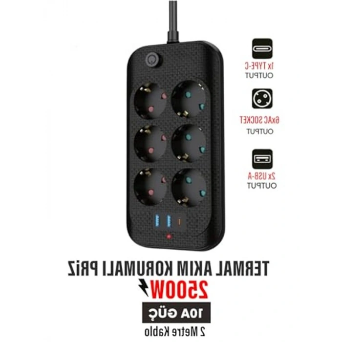 2 Metre Kablosu Olan 6lı Grup Priz, USB ve Type-C Girişleri