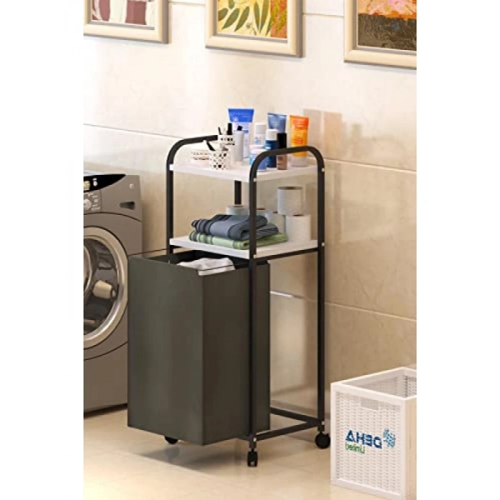 2 Raflı Frenli Tekerlekli Çamaşır Sepeti - Beyaz