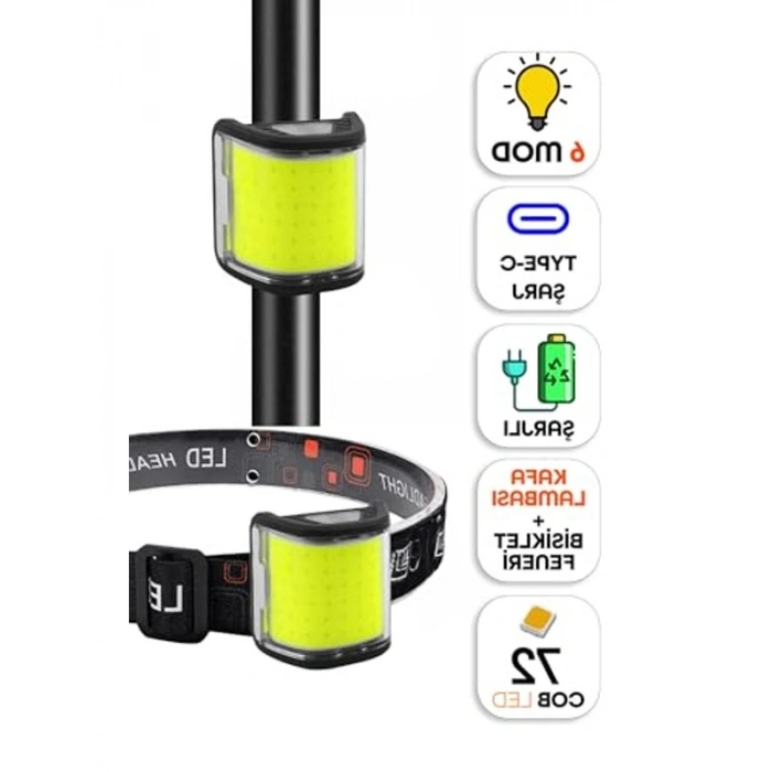 2 si 1 Arada 72LED Şarjlı Bisiklet Feneri Çakarlı Kafa Lambası Çift Özellikli Güçlü Işık 6 Mod 6053