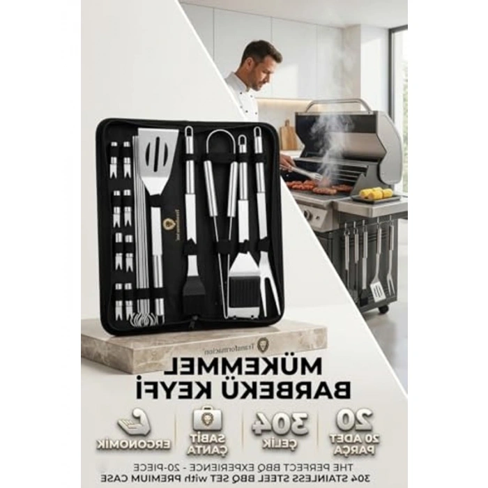 20 Parça Profesyonel Barbekü Seti, Paslanmaz Çelik ve Çantalı