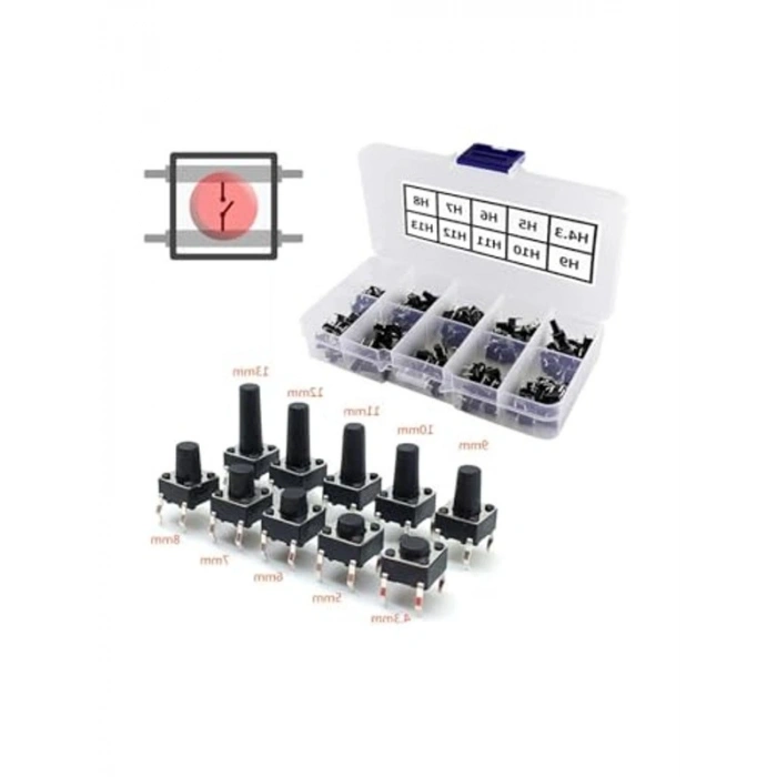 200 Adet 6x6mm Tact Buton Seti, 4 Pinli Dokunmatik Anahtar