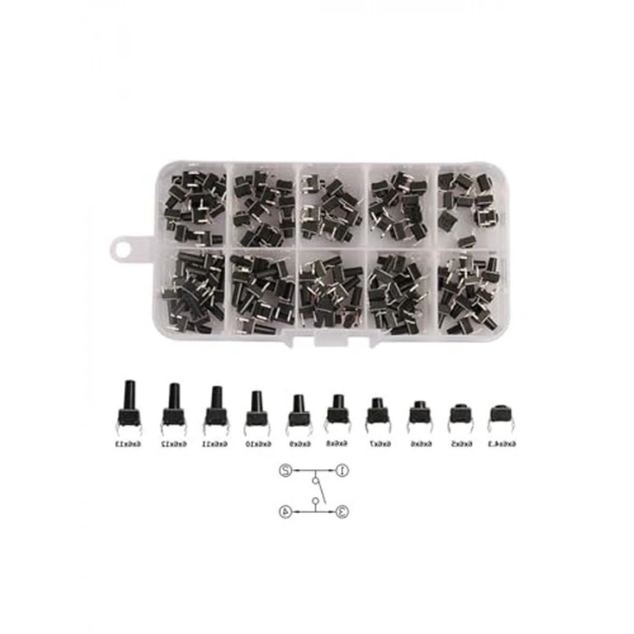 200 Adet 6x6mm Tact Buton Seti, 4 Pinli Dokunmatik Anahtar