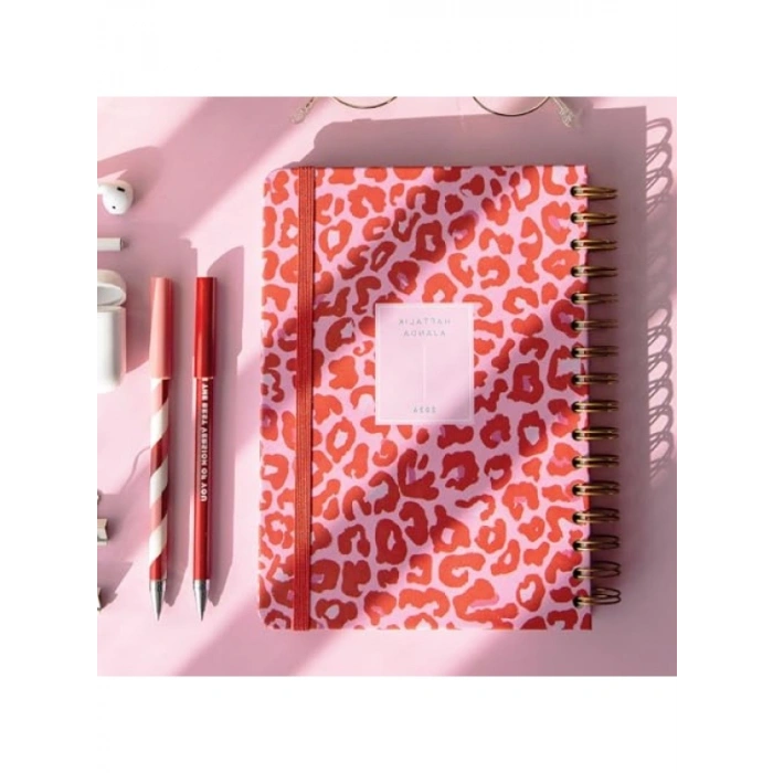 2026 A5 Spiralli Renkli Haftalık Ajanda - Kırmızı Leopar