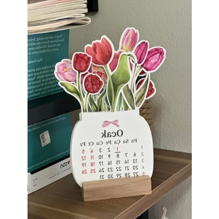 2026 Ahşap Ayaklı Mini Masaüstü Takvim - Lale Çiçek Buketi Tasarımı