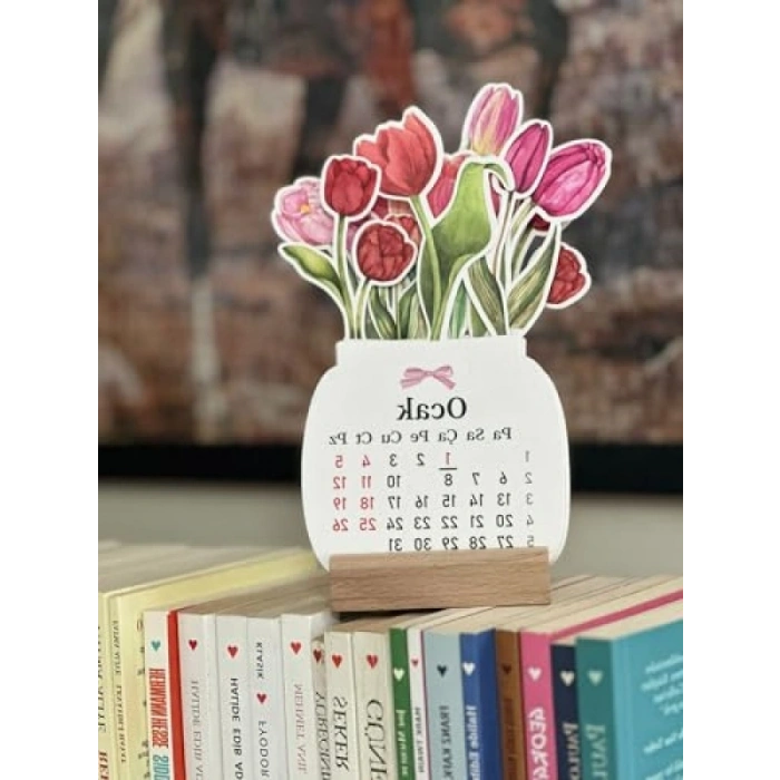 2026 Ahşap Ayaklı Mini Masaüstü Takvim - Lale Çiçek Buketi Tasarımı