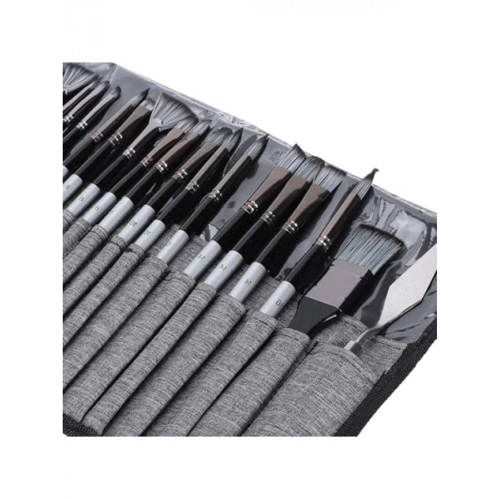 24 Parça Akrilik ve Yağlıboya Fırça Seti, Sentetik Kıllı, Ahşap Saplı, Kanvas Çantalı
