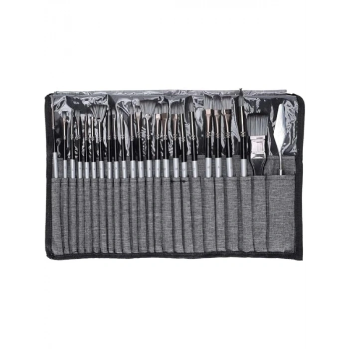 24 Parça Akrilik ve Yağlıboya Fırça Seti, Sentetik Kıllı, Ahşap Saplı, Kanvas Çantalı