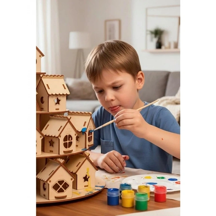 24 Parça Boyanabilir Mini Ahşap Ev Seti, Eğitici Oyun