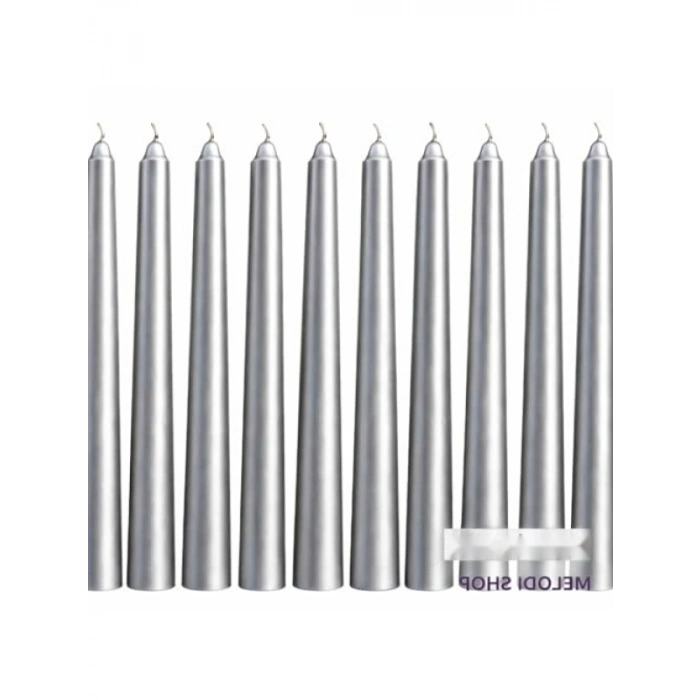 25 cm Uzunlukta Gümüş Renk İnce Şamdan Mum Seti, 10lu Paket
