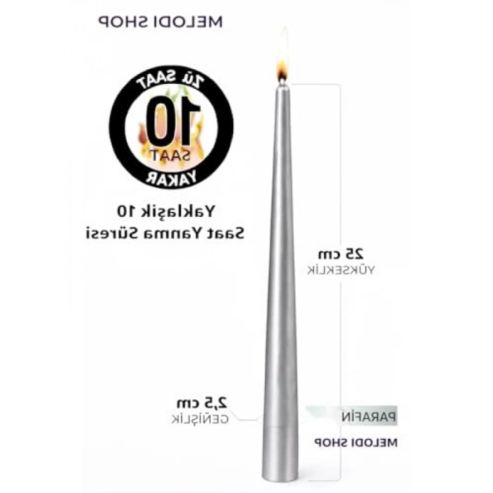 25 cm Uzunlukta Gümüş Renk İnce Şamdan Mum Seti, 10lu Paket