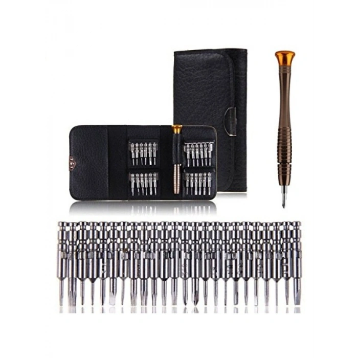 25 Parça Hassas Tornavida Seti - Krom-Vanadyum Çelik, Deri Çantada