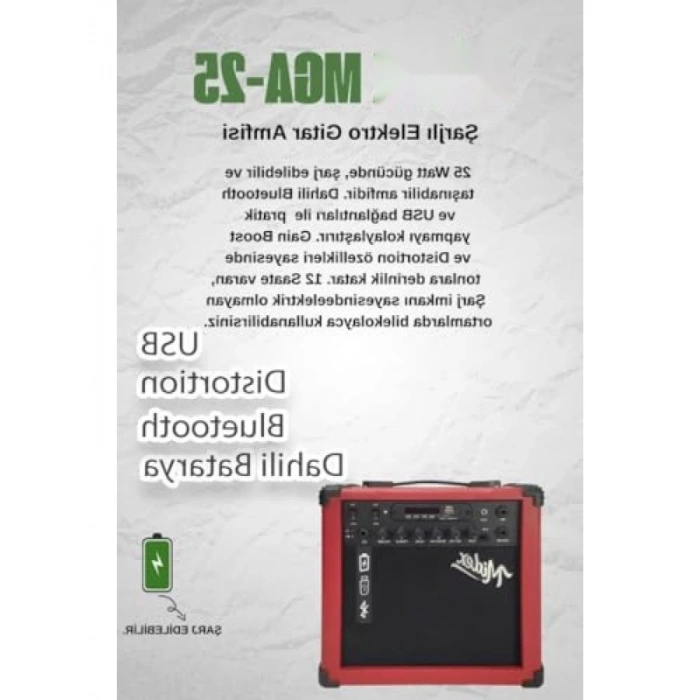 25 Watt USB Bluetooth Şarjlı Elektro Gitar Amfisi - Taşınabilir ve Pratik