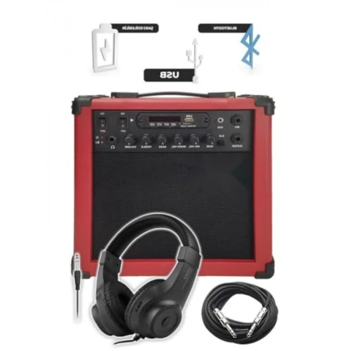 25 Watt USB Bluetooth Şarjlı Elektro Gitar Amfisi - Taşınabilir ve Pratik