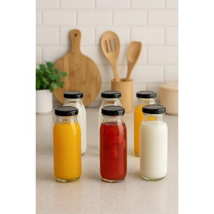 250 ml Metal Kapaklı 6 Adet Şeffaf Meyve Suyu Şişesi, Pratik Kullanım