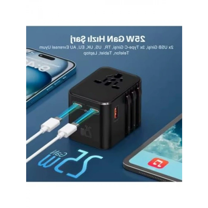 25W GaN Hızlı Şarjlı Universal Seyahat Adaptörü, 2x USB-C + 1x USB-A