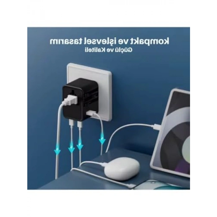 25W GaN Hızlı Şarjlı Universal Seyahat Adaptörü, 2x USB-C + 1x USB-A