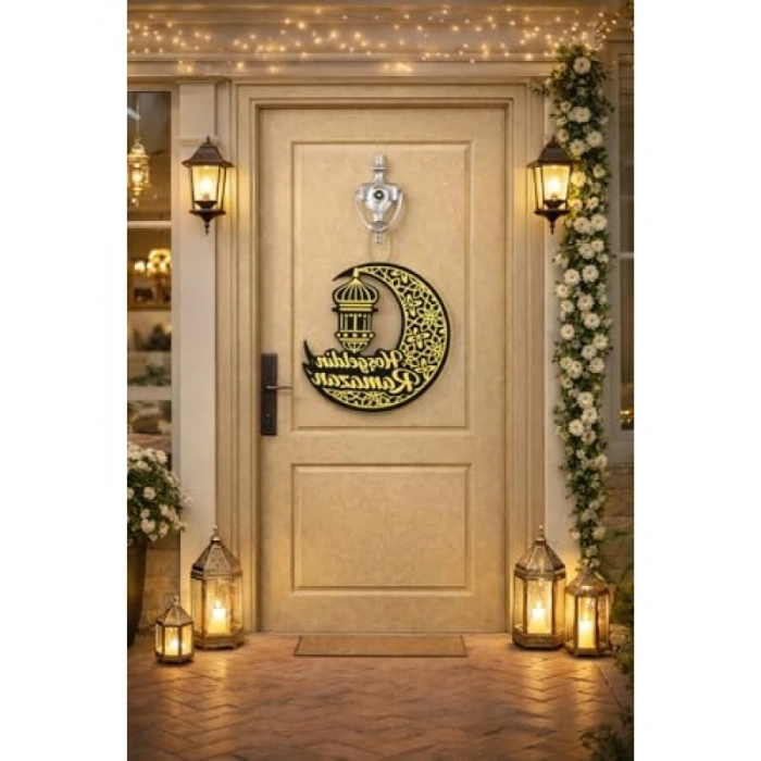 25x25 cm Ahşap Kapı Süsü, Hoş Geldin Ramazan Temalı Dekorasyon