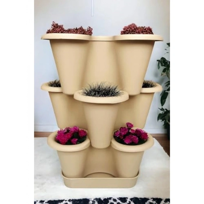 26.5 x 26.5 cm Boyutunda 3 Katlı Dekoratif Saksı Seti, Bronz Renk