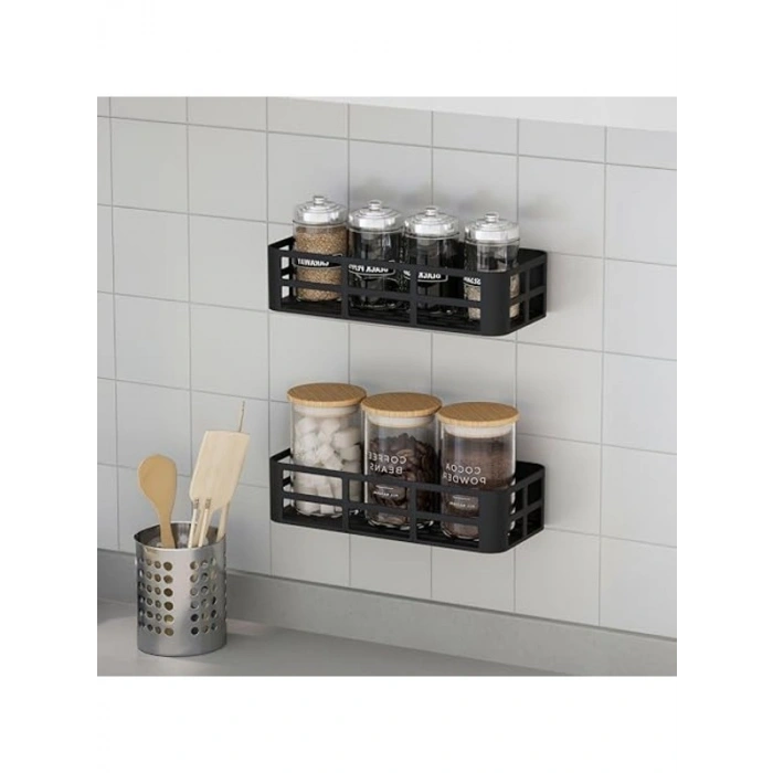 27x12 cm Ölçülerinde Siyah Yapışkanlı Banyo Rafı Seti, Matkapsız Montaj