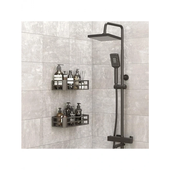 27x12 cm Ölçülerinde Siyah Yapışkanlı Banyo Rafı Seti, Matkapsız Montaj