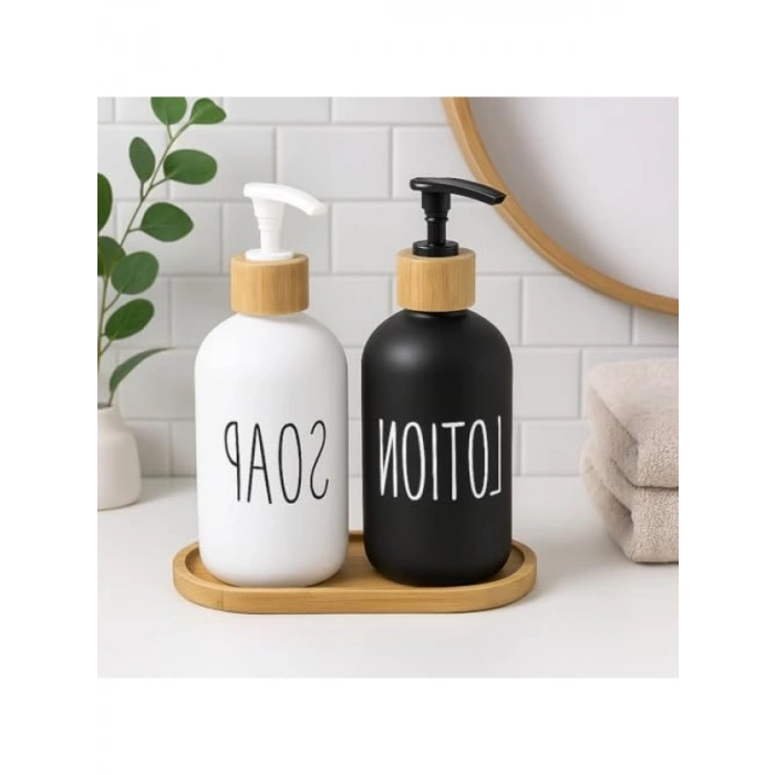 2’li Cam Sıvı Sabunluk ve Losyonluk Seti | 500 ml Siyah & Beyaz