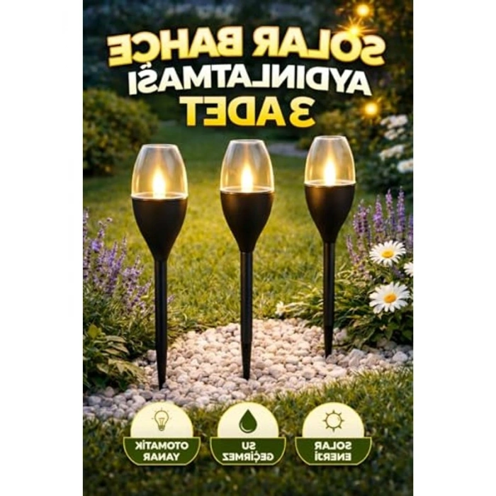3 Adet Siyah Güneş Enerjili Alev Efektli Bahçe Lambası
