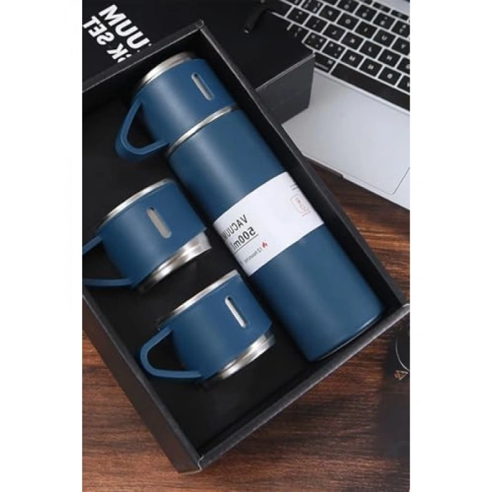 3 Bardaklı Paslanmaz Çelik Termos Seti, Vakumlu, Özel Kutulu