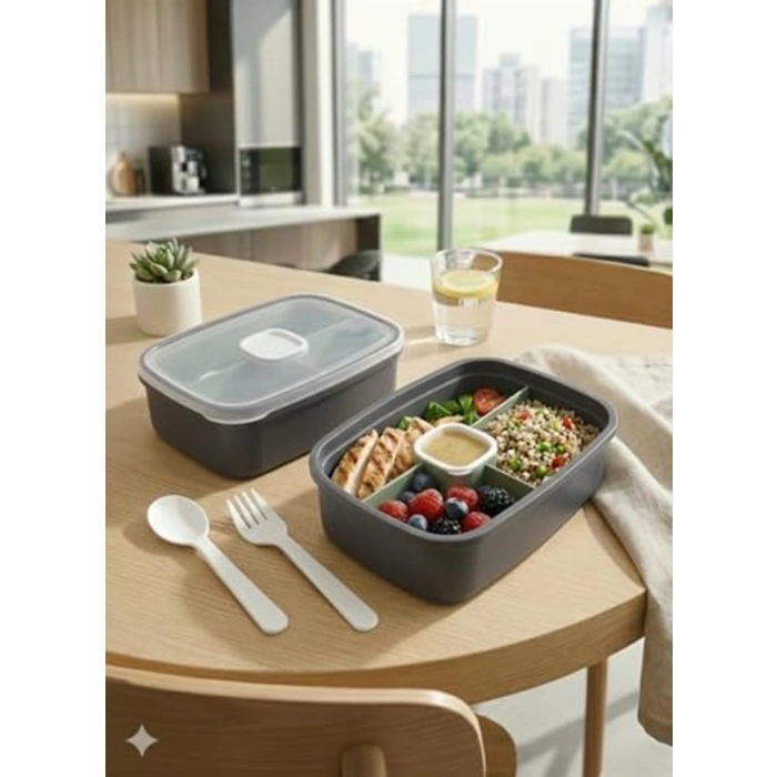 3 Bölmeli Sızdırmaz Lunch Box, BPA İçermeyen Yemek Kabı, Gri Renk